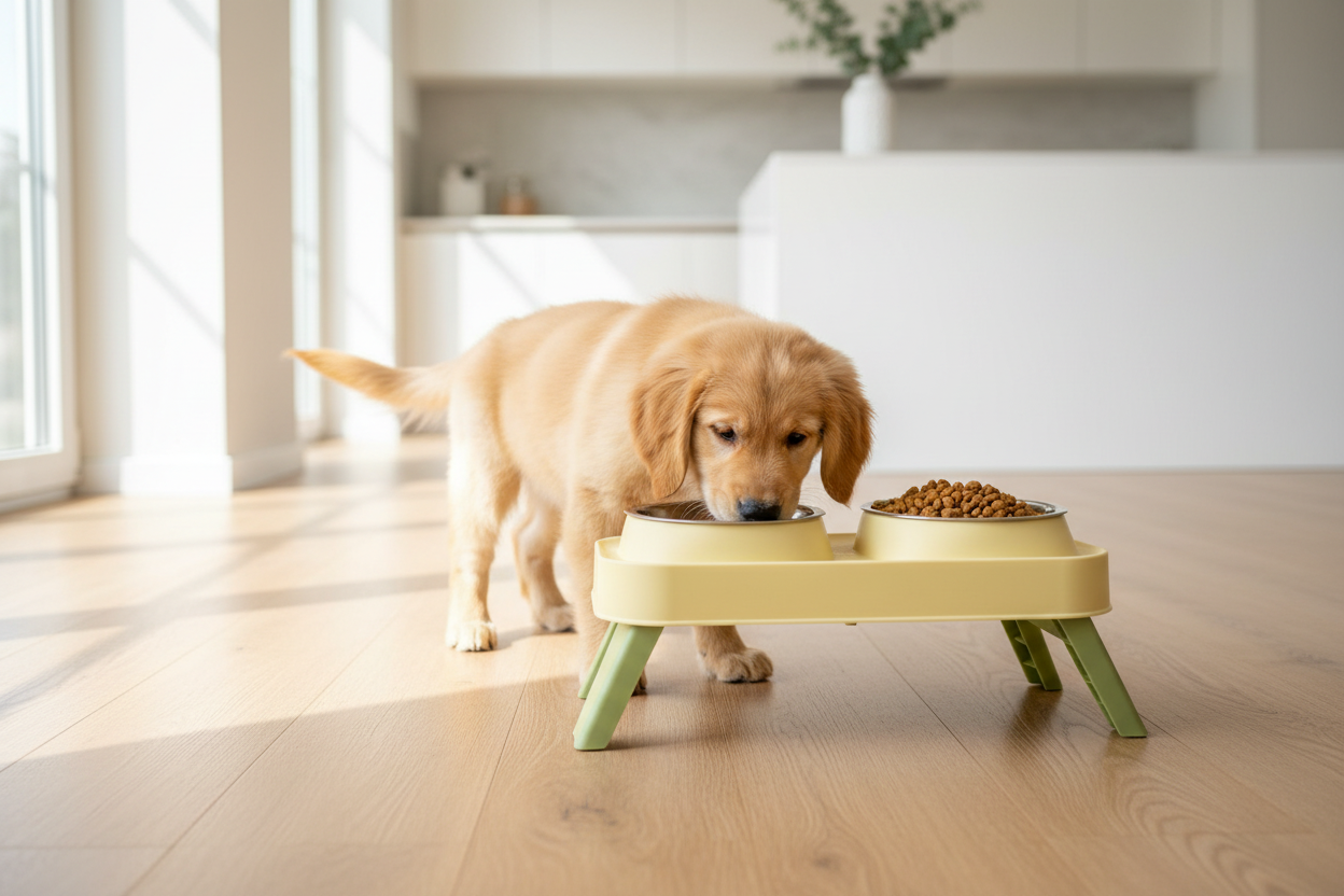 Comedero Elevado Premium para Mascotas con Platos de Acero Inoxidable | Doble Bowl Tipo Mesa Petluxe