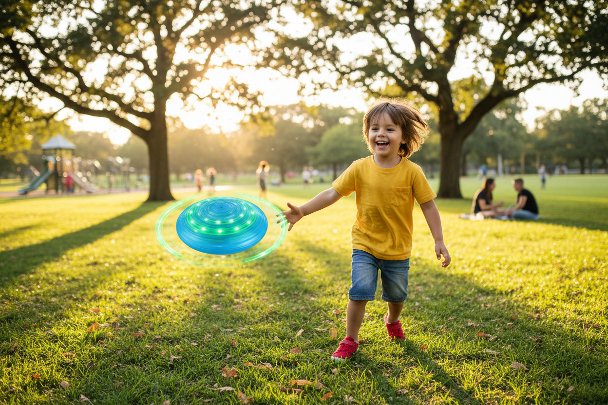 Niño jugando con pelota disco saltarina con luz
